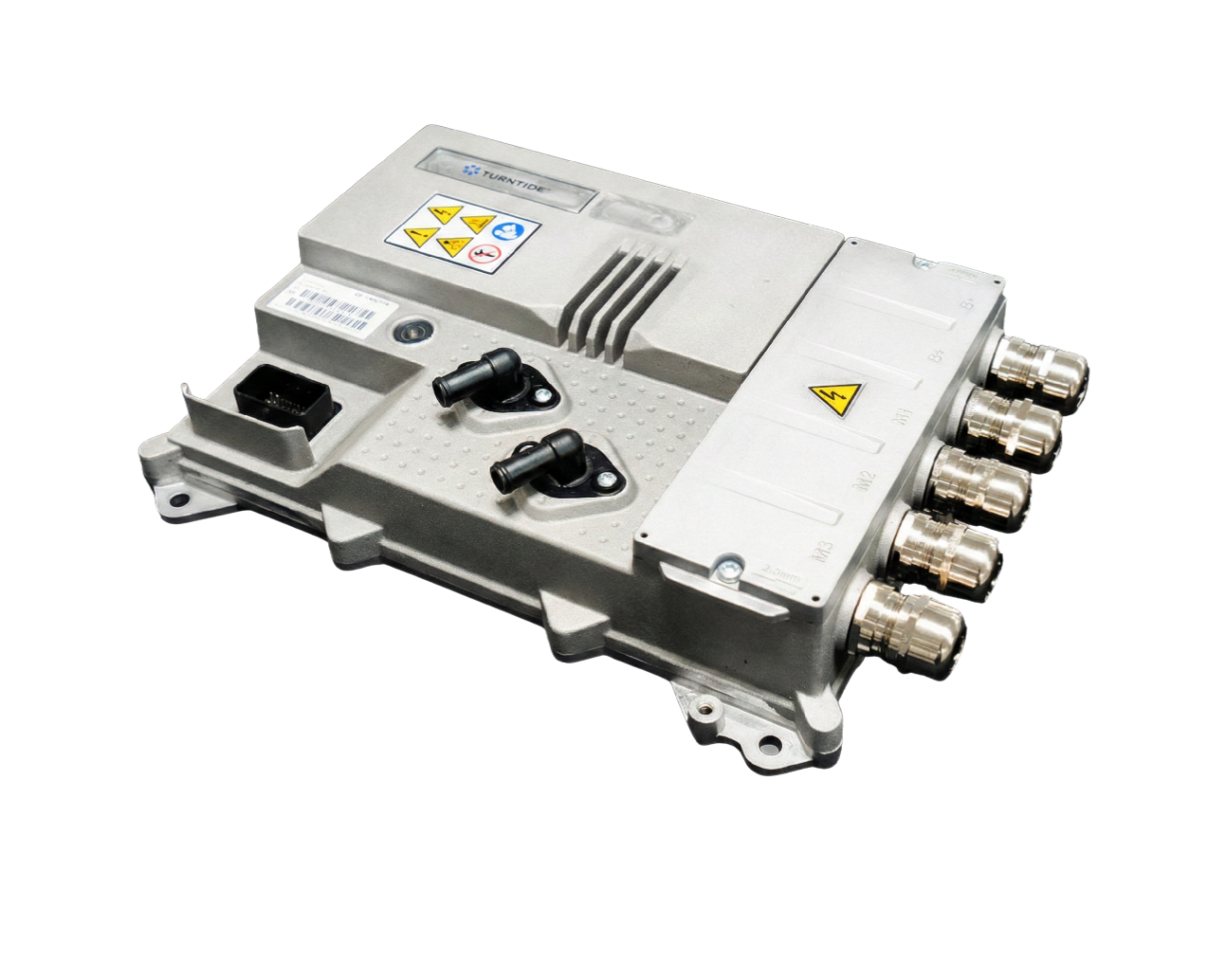 Turntide Gen6 Size 9 High Voltage EV Inverter. 350V / 400V (400A Peak) Traction Controller. ISO26262 ASIL C Safety Certified. Liquid Cooled, High Power Density AC Motor Controller available at Ekol Engineering.